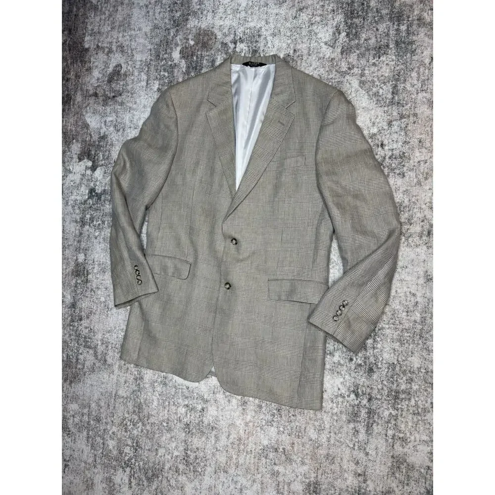 Jos A. Bank Men's Brown Herringbone Plaid Silk Wool Linen Suit Blazer Jacket 44L